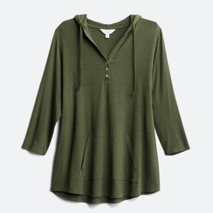 Salvatrice hooded Henley roll tab knit top